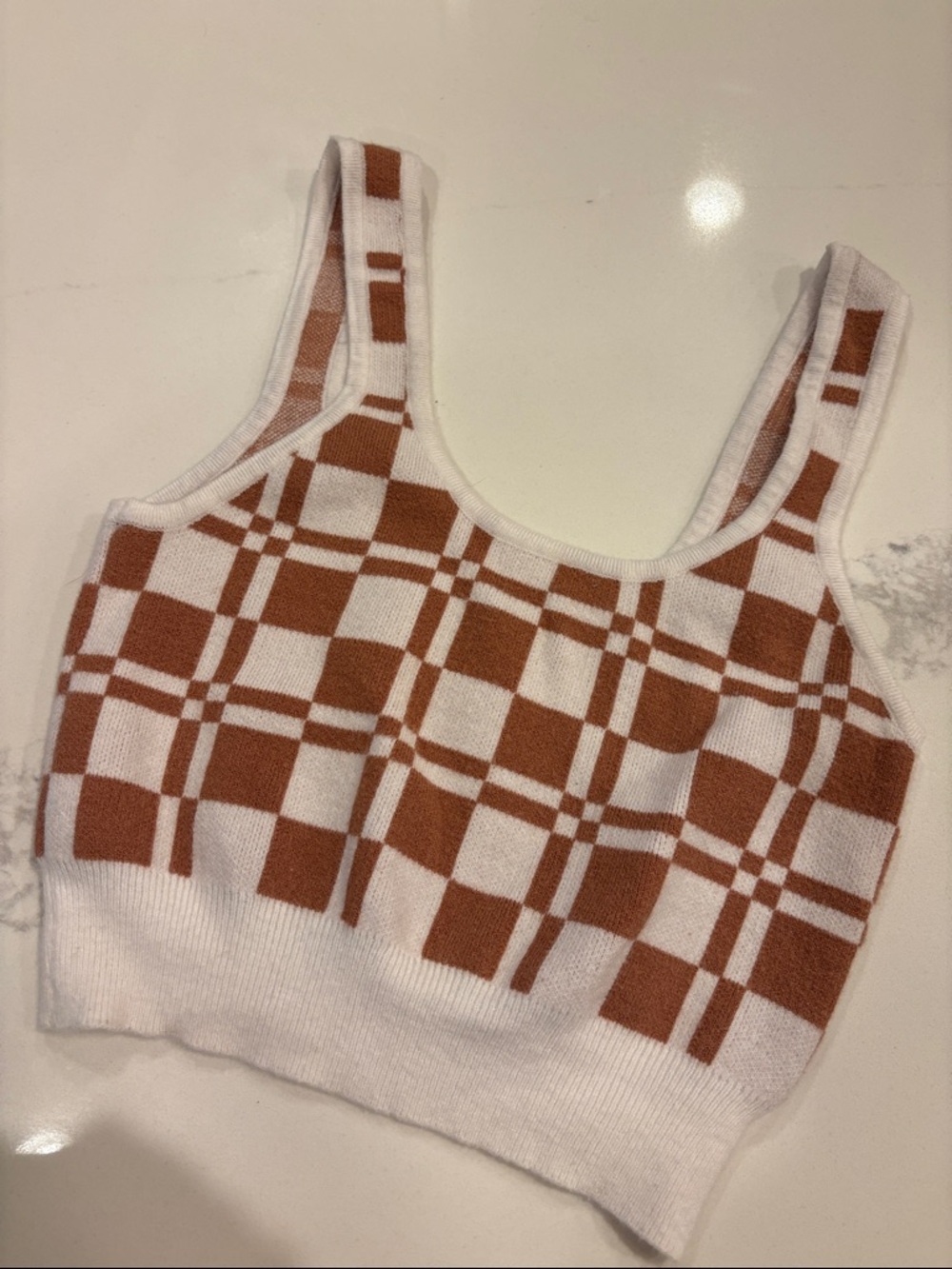 Kendall & Kylie Plaid Knit Crop Tank Brown & Cream XS